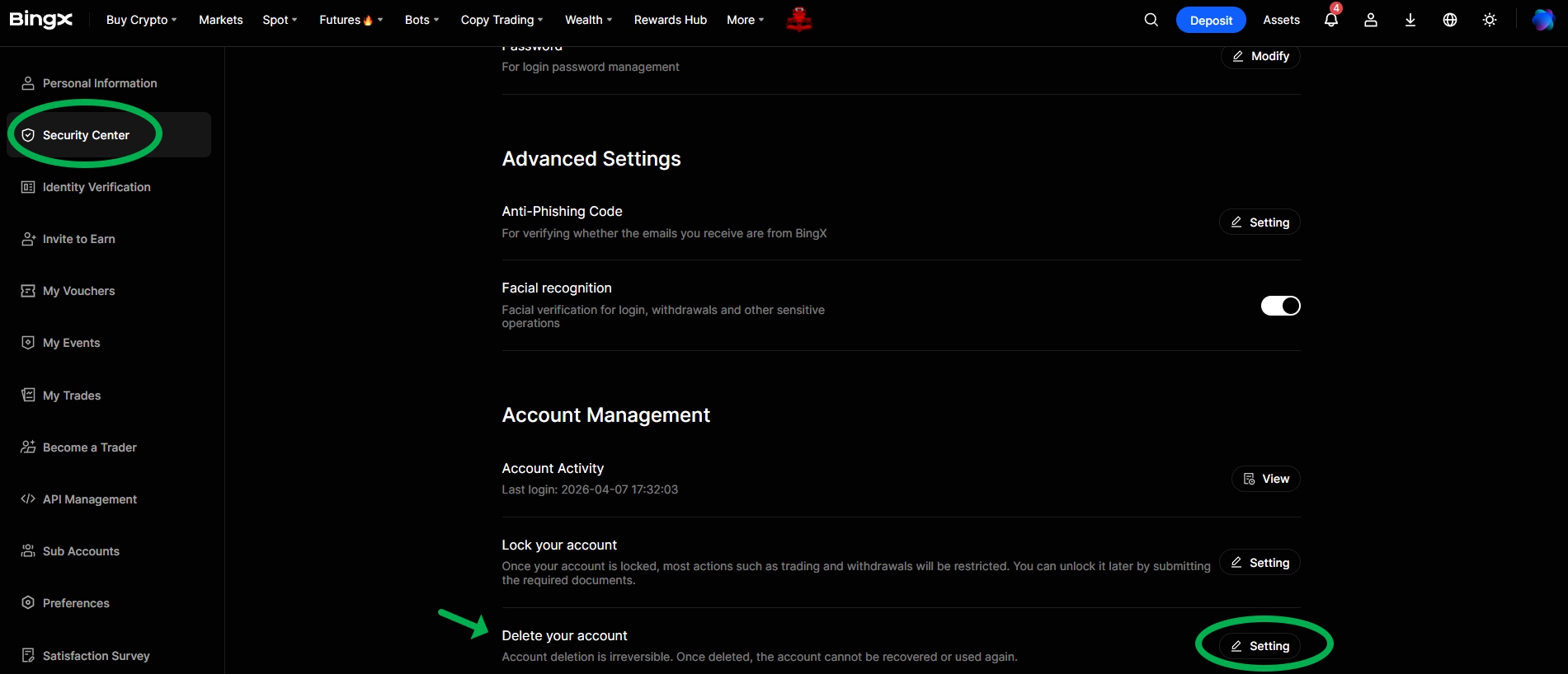 Delete account button